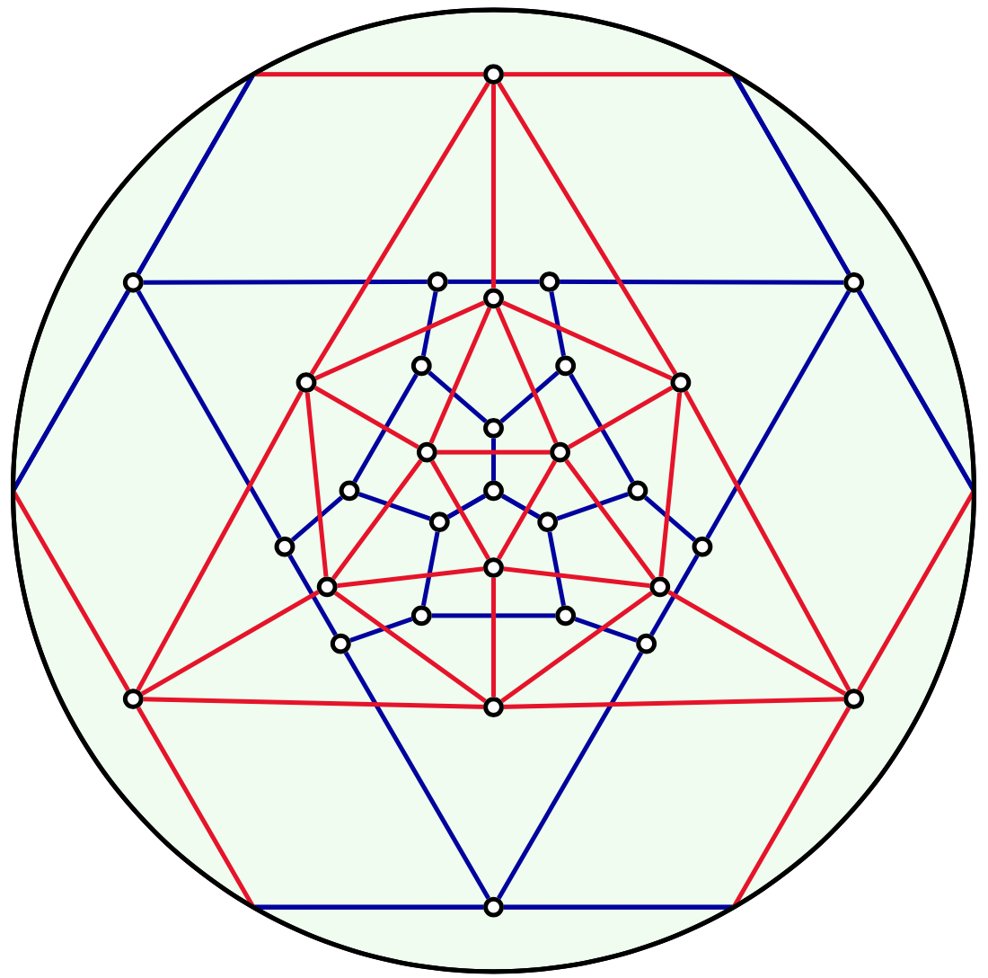 CanaDAM logo: The dual graphs drawn in in the projective plane symbolize this relationship to the SIAM DM conference.  The idea and artwork is due to Jacobus Swarts in 2011.
